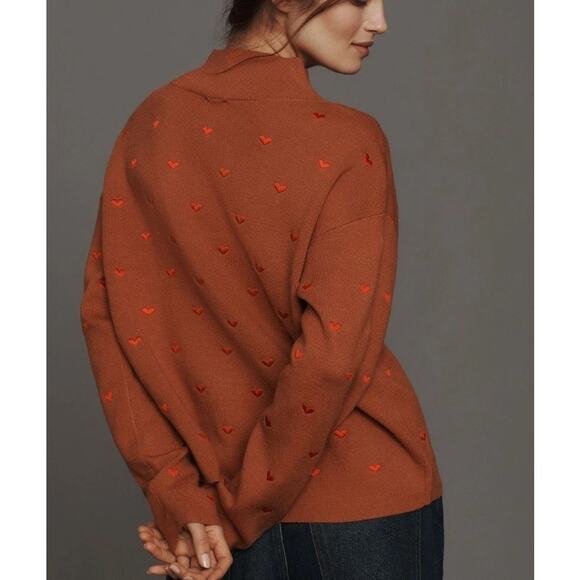 nwt ANTHROPOLOGIE MAEVE sz XL Carys Mock-Neck sweater Cedar Embroidered Hearts - Picture 3 of 3